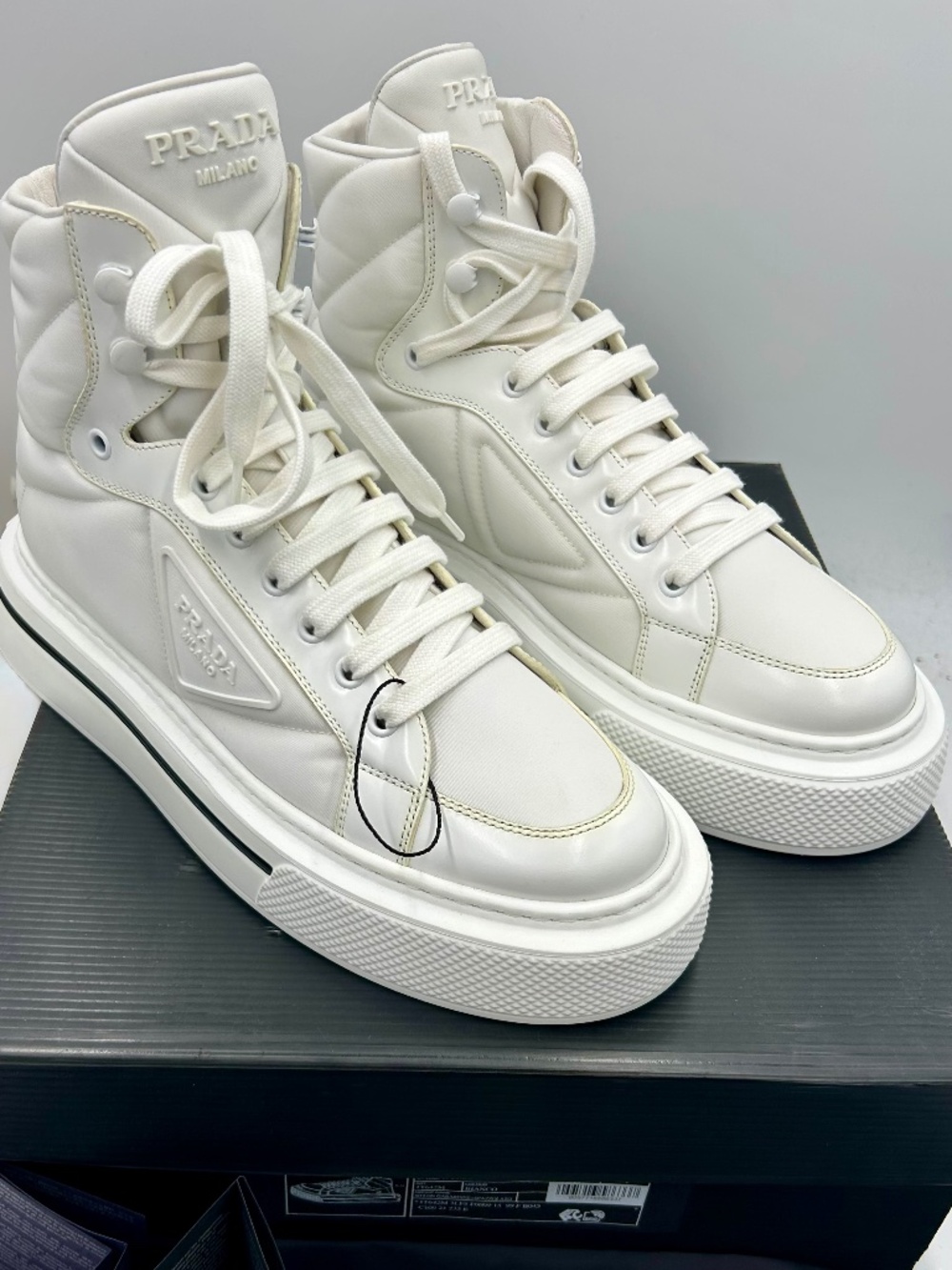 Women’s Macro Re-Nylon and Brushed Leather High-Top Sneakers.  Size 41/11 US.